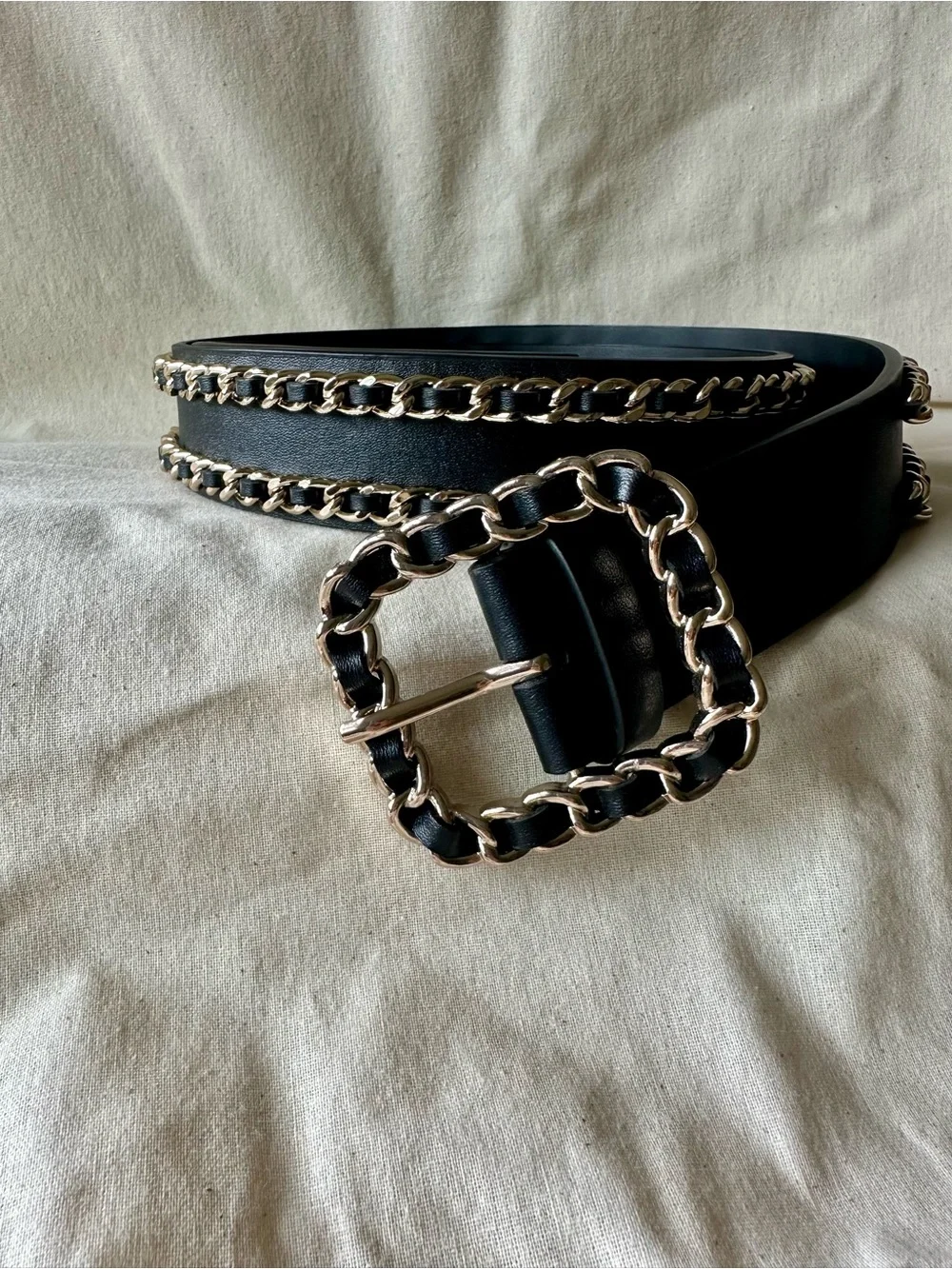 WHBM Black Leather Chain Link Belt